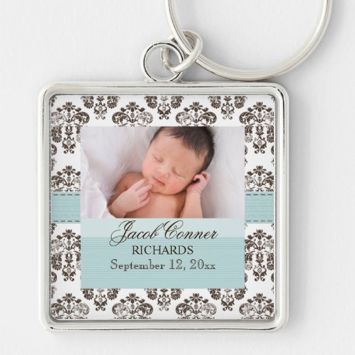 Custom Baby Damask Photo Keychain Blue and Brown