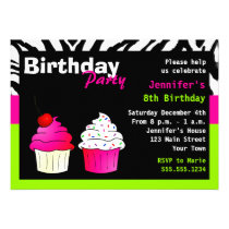 Custom Birthday Cupcake Party Lime Green Zebra invitations