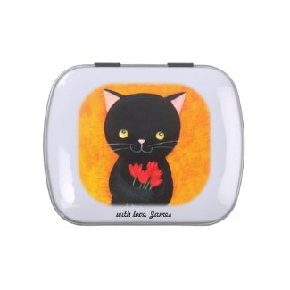 Custom Black Cat with Flowers Jelly Bean Candy Tin