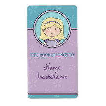 Custom Bookplates (blonde girl; purple and aqua) Personalised Shipping Label