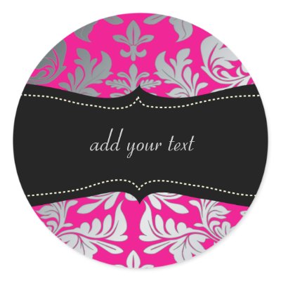 Custom Colour/Faux silver baroque damask hot pink Round Stickers by Create_Business_Card