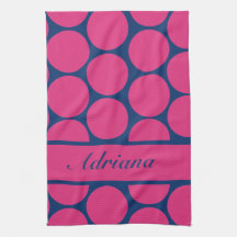 Custom Deep Cerise Large Dots on Sapphire Blue Hand Towels