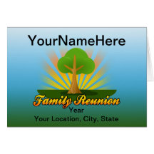 Custom Family Reunion, Green Tree with Sun Rays Greeting Cards