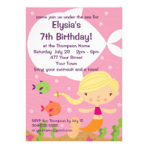 Custom Little Girls Mermaid Birthday Party Custom Announcements