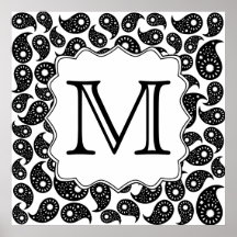 Custom Monogram. Black and White Paisley Pattern. Print