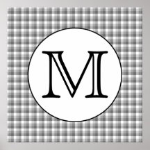 Custom Monogram. Black and White with Grey Check. Posters