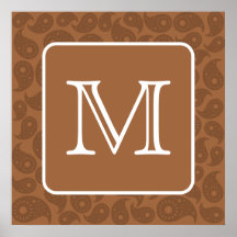 Custom Monogram. Dark Brown Paisley Pattern. Poster