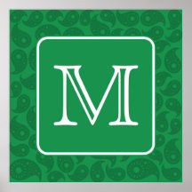Custom Monogram. Dark Green Paisley Pattern. Print