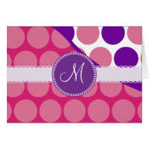 Custom Monogram Initial Pink Purple Polka Dots Greeting Cards