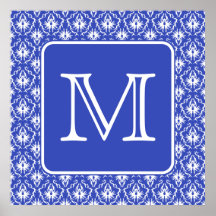 Custom Monogram, on Blue and White Damask Pattern. Poster