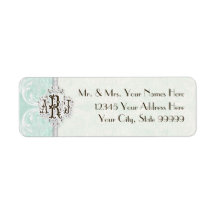 Custom Monogram Vintage Damask Lace Look Aqua Blue Return Address Label