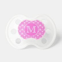 Custom Monogram. White and Pink Damask Pattern. Baby Pacifier