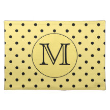 Custom Monogram Yellow and Black Polka Dot Pattern Placemats