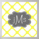 Custom Monogram Yellow and White Art Deco Pattern Poster