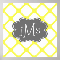 Custom Monogram Yellow and White Art Deco Pattern Poster