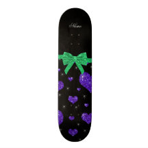 Custom name dark purple glitter hearts green bow skateboards