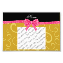 Custom name gold swirls pink glitter bow photo print