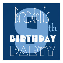 Custom Name Modern Kid's 9th Birthday Blue Custom Invites