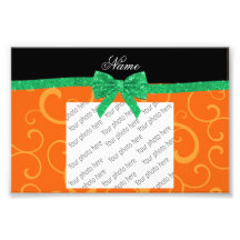Custom name orange swirls green glitter bow photo