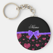 Custom name pink glitter hearts purple bow keychains