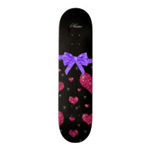 Custom name pink glitter hearts purple bow skateboard