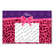 Custom name pink leopard purple damask bow photo