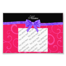Custom name pink swirls purple glitter bow photographic print