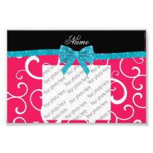 Custom name pink swirls turquoise glitter bow photo art