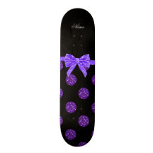 Custom name purple glitter polka dots bow skate deck