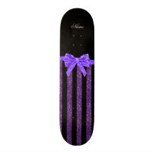 Custom name purple glitter stripes glitter bow skate board deck