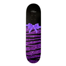 Custom name purple glitter zebra stripes bow custom skate board