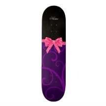 Custom name purple swirls pink glitter bow skateboard