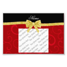 Custom name red swirls gold glitter bow photographic print