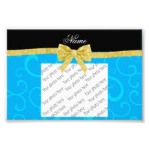 Custom name sky blue swirls gold glitter bow photograph