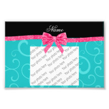 Custom name turquoise swirls pink glitter bow photo print