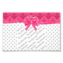 Custom name white diamonds pink damask bow photo print