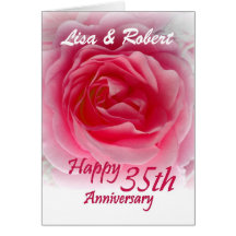 CUSTOM NAMES - 35th Anniversary with Pink Rose Greeting Cards