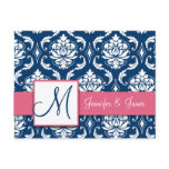 Custom RSVP Pink Navy Damask Wedding Postcard
