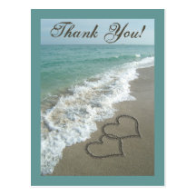 Custom Thank You Postcard- Sand Hearts/Aqua Beach
