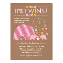 Custom twins baby elephant and flower shower personalized announcements