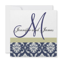 Custom Wedding Invitation Monogram Blue Damask