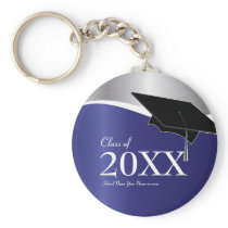 Customizable Blue and Silver Graduation Keychain
