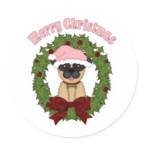 Customizable Christmas Holiday Pug Wreath Stickers
