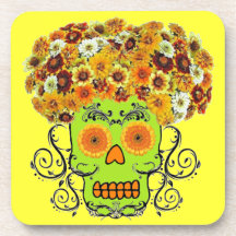 Customizable Floral Sugar Skull Beverage Coaster
