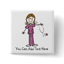 Customized Brown Hair Stick Figure Nurse  Button