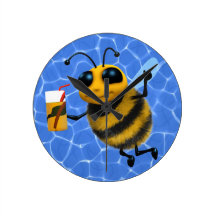 Cute 3d Bee enjoys a cold drink Round Wallclock