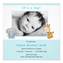 Cute Animal Blue Baby Boy Photo Announcement