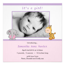 Cute Animal Blue Baby Girl Photo Announcement