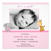 Cute Animal Pink Baby Girl Photo Announcement