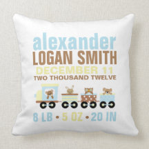 Cute Animals Toy Train Birth Announcement Throw Pillow
